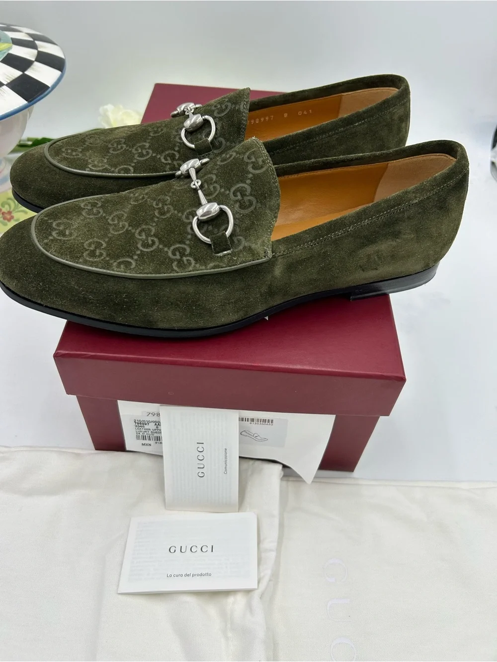 Men's Gucci horse bit GG embossed suede loafers size 8 fits nine US made Italy